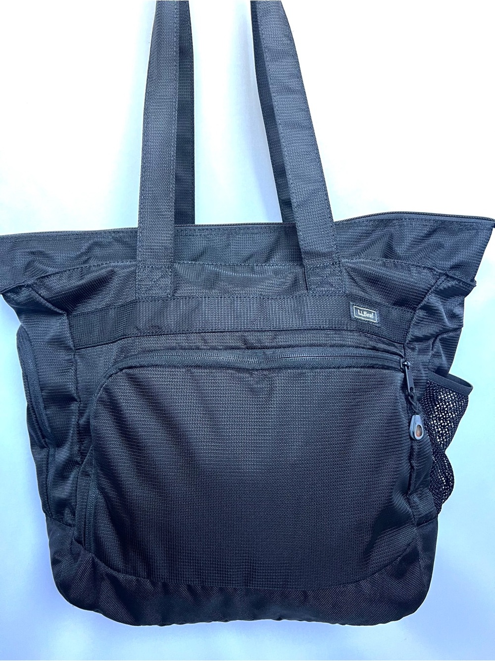 L.L. Bean Black Nylon Tote Bag Travel Work Gym Zip Pockets